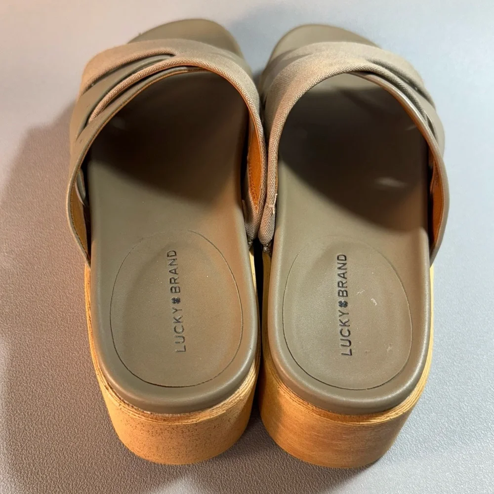 Lucky Brand Dikona Beige Woven Leather and Elastic Strap Platform Sandals